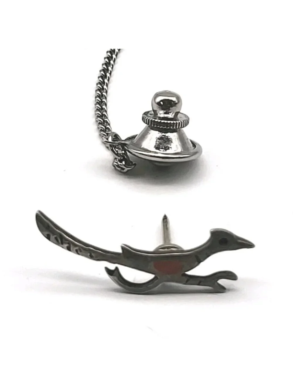 Vintage Sterling Silver Coral Roadrunner Tie tack pin Southwest Jewelry